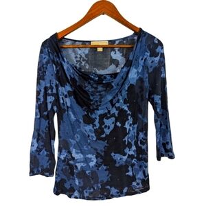 Michael Kors Y2K Lyocell Blue Watercolor Print Cowl Neck Long Sleeve Tee…